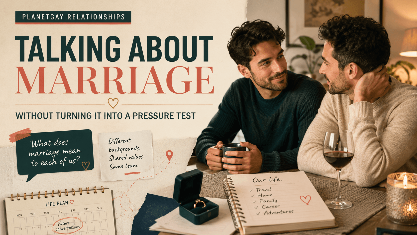 Gay couples talking about marriage without it becoming a pressure test.