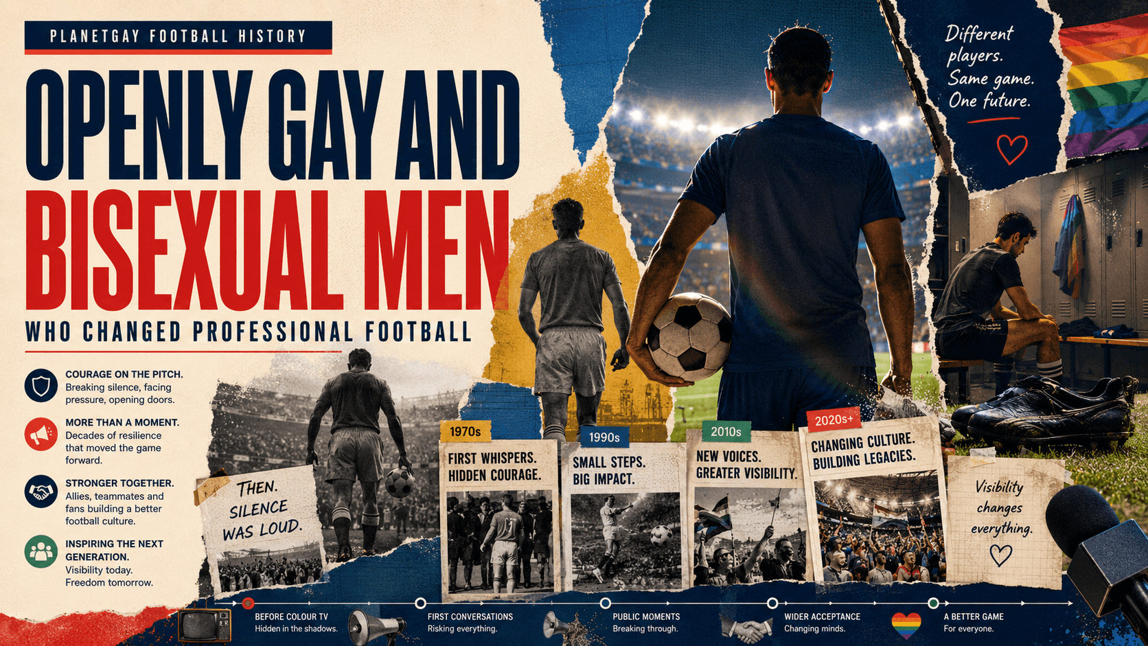 Editorial artwork on openly gay and bisexual men who changed professional football